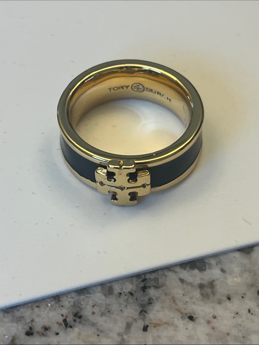 Tory Burch Gold and Black Logo Band Ring